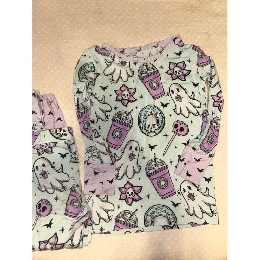 Onyx + Lore Toddler 2T Bamboo Pajamas Spooky Coffee Ghost Skull Mint Purple Set